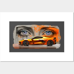 Amplify Orange C8 Corvette Stingray Sebring Orange Supercar in front of a wall of graffiti with blue eyes looking back at you Sports car American Muscle car race car Posters and Art